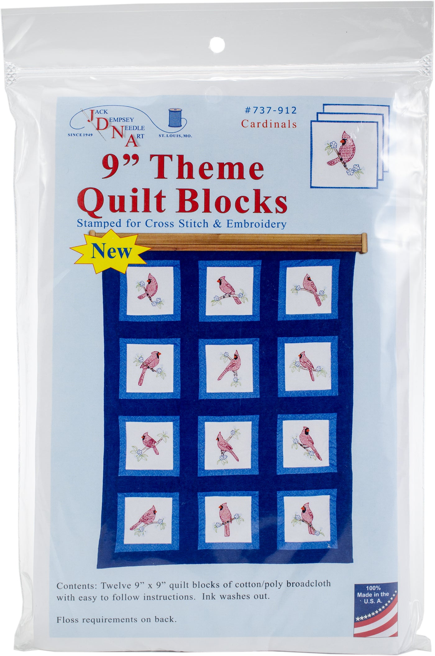 Jack Dempsey Themed Stamped White Quilt Blocks 9"X9" 12/Pkg-Cardinals