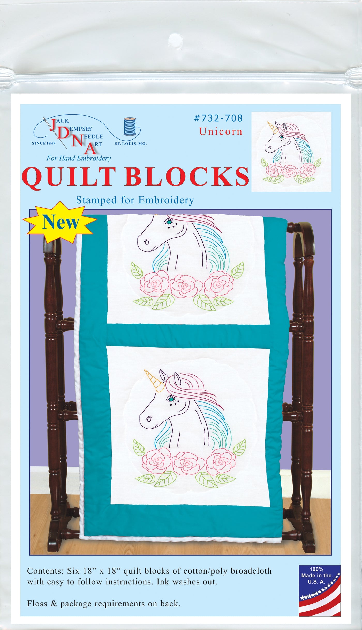 Jack Dempsey Stamped White Quilt Blocks 18"X18" 6/Pkg-Unicorn