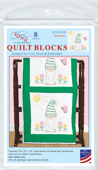 Jack Dempsey Stamped White Quilt Blocks 18"X18" 6/Pkg-Gnomes