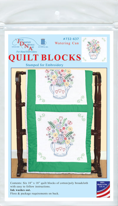 Jack Dempsey Stamped White Quilt Blocks 18"X18" 6/Pkg-Watering Can