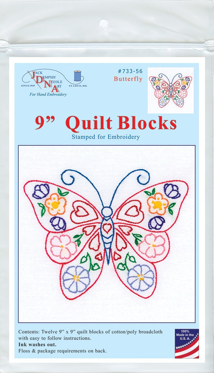 Jack Dempsey Stamped White Quilt Blocks 9"X9" 12/Pkg-Butterfly