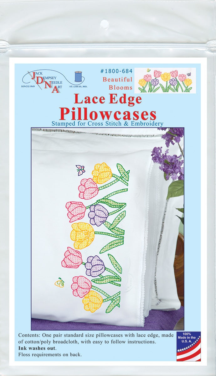 Jack Dempsey Stamped Pillowcases W/White Lace Edge 2/Pkg-Beautiful Blooms