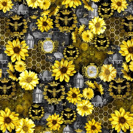 Black Queen Bee Sunflower Allover CD1351-BLACK